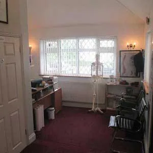 Treatment room at Spine Plus Chigwell, with anatomical skeleton model